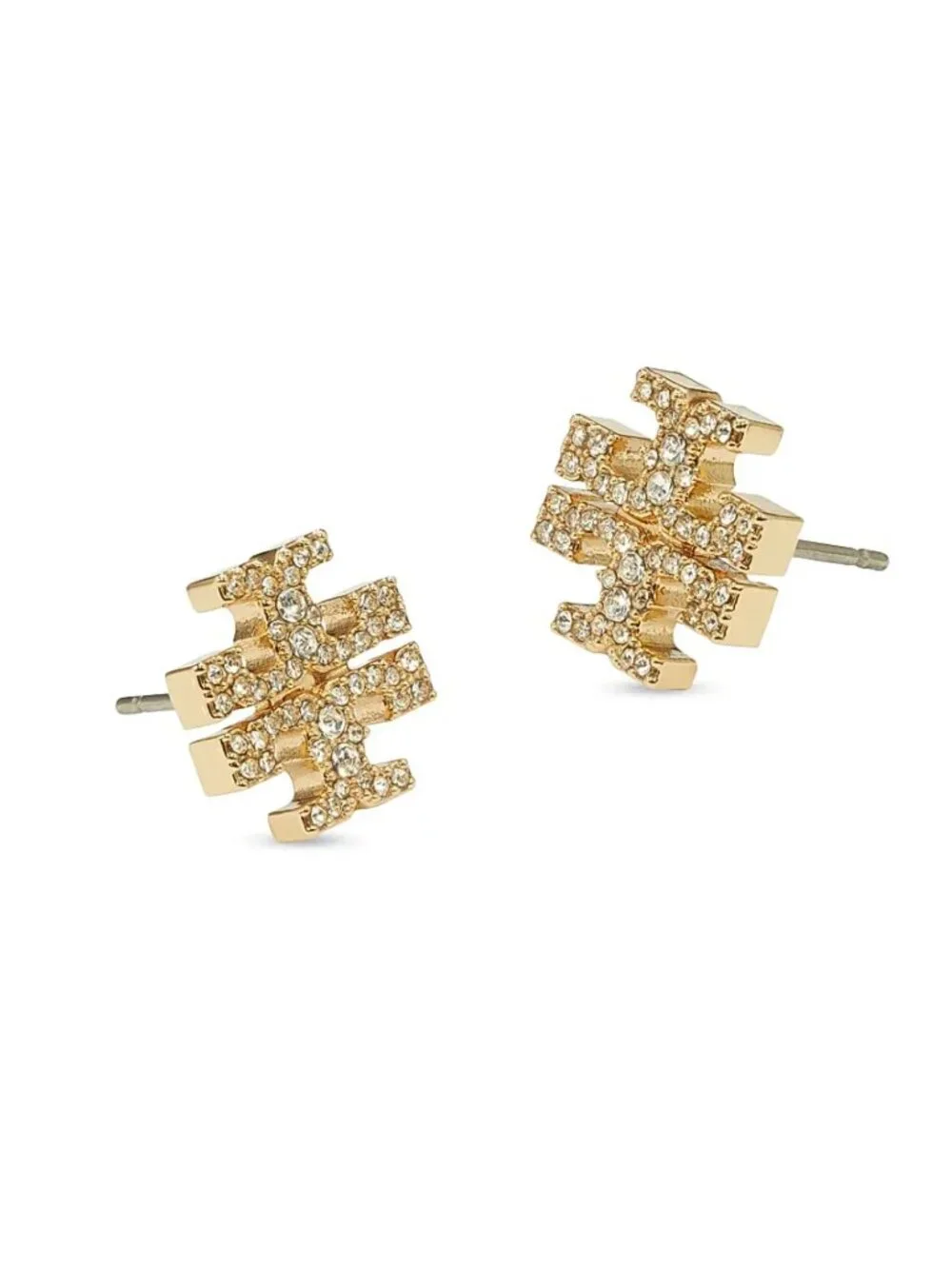 Tory Burch Crystal Double T Logo Stud Earrings Gold Tone Pavé Logo Earrings